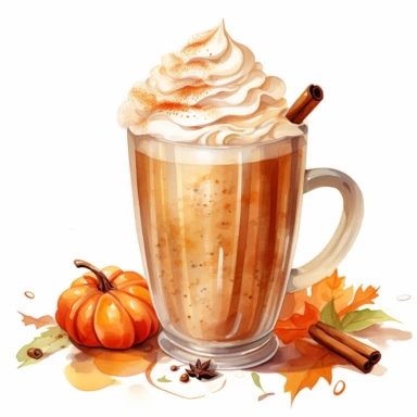 watercolor pumpkin spice latte isolated, highly detailed color ink illustration, autumn season details, cute details, white background clipart 8k