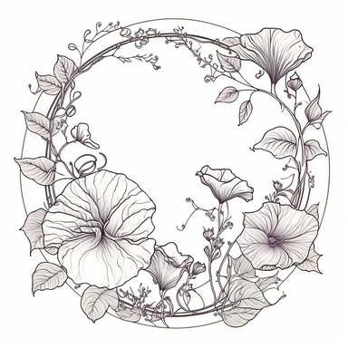 circle Botanical Frame, petunia, clipart, white background, continuous line