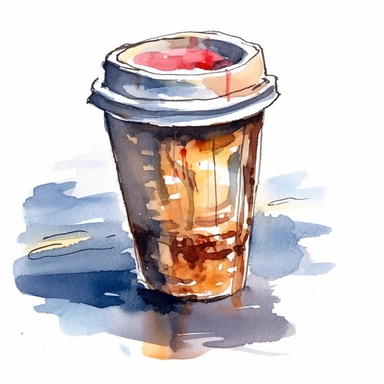 a Coffee takeaway cup in the style of watercolour clipart with detailed brush strokes