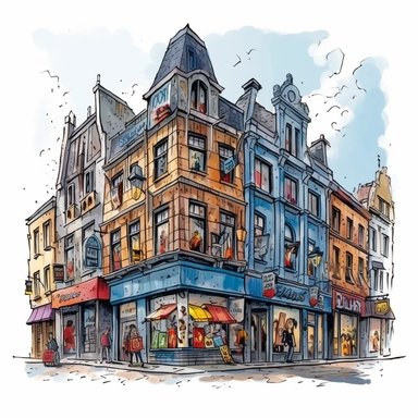 a Belgium Comic Strip Center in the style of watercolour clipart with detailed brush strokes