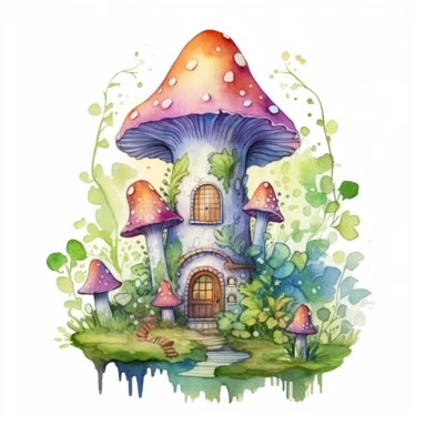 watercolor Fairy Tale Mushroom Castle clipart: Paint a whimsical mushroom castle standing tall amidst a magical landscape, surrounded by enchanting flowers, vines, and woodland creatures 5*5 inch white background