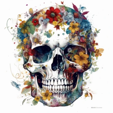 Develop a clipart image that portrays a human skull enveloped in a vibrant tapestry of intertwining flowers, reflecting dustin nguyen artistic sensibilities. The flowers should weave in and out of the skull's eye sockets, nose, and mouth, suggesting a seamless connection between life and death. Use a white background to emphasize the rich color hues and the intricate floral patterns