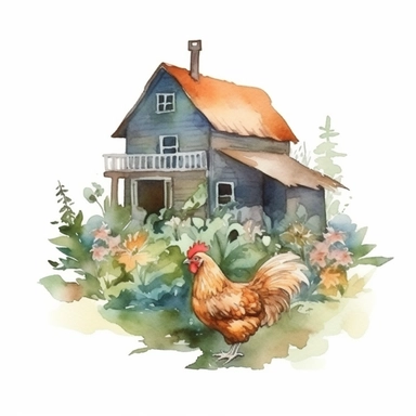 Small Farm house for Chicken Sitting over leaves and Flowers Surrounded,Isolated,Watercolor Clipart,White Background