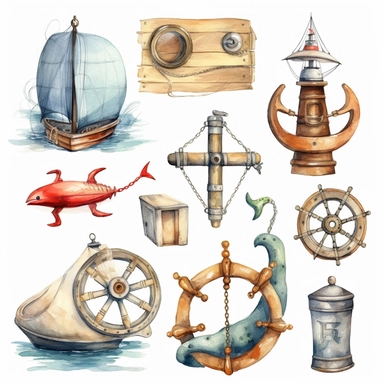 watercolor nautical docking equipment , illustrations clipart set, simple, , cartoon elements ,different variants , brass elements, , separate elements with a margin, ,4k, high resolution