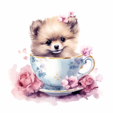 ink color illustration of a cute pomeranian puppy sitting in a teacup, watercolor floral elements and pearls, clipart white background 8k