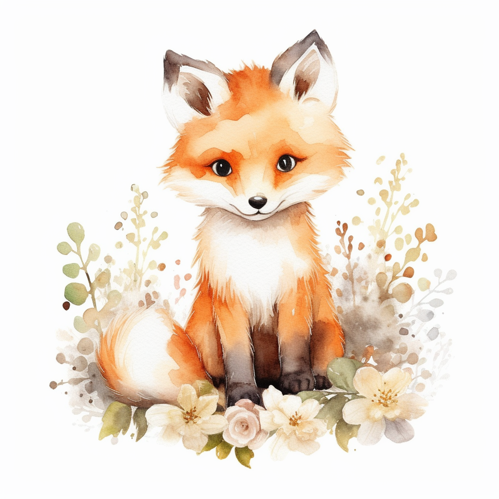 watercolor spring baby fox woodland creature on white backgroung ...