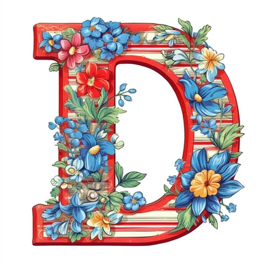 isolated flat clipart on a white background of a cute letter D on a blue background and red horizontal stripes tshirt design graphic, in the style of daniel f. gerhartz, transcendent, nikon d850, art of burma, captures the essence of nature, in the style of organic forms and patterns, expansive skies, hyper-detailed illustrations, i can't believe how beautiful this is, lively colors