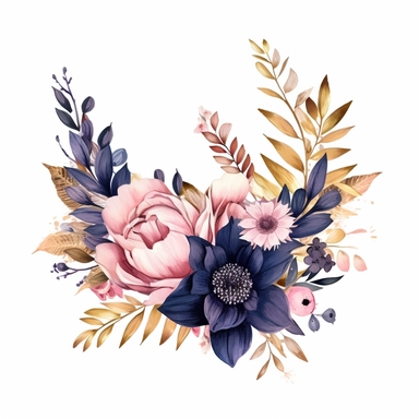 wedding floral clipart, floral rectangular border, watercolor, pink and golden and navy blue colors, isolated on white