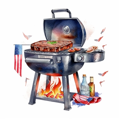 Cute Beautiful Patriot Barbecue Grill For 4th Of July Watercolor Sublimation Clipart,Cartoon, hyper realistic, intricate detail, illustration style,high solution,on the white background