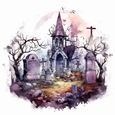 mystical horror watecolor cemetery clipart, hd 4k, detailed, focused, isolated on white background