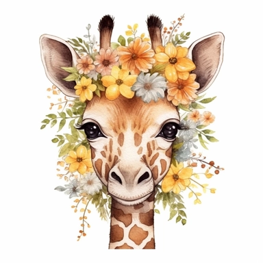 Nursery Print baby head giraffe flowers drawn in watercolor style, vector design, , Sublimation Clipart ,Cartoon,hyper realistic, intricate detail, illustration style,high solution,on the white background