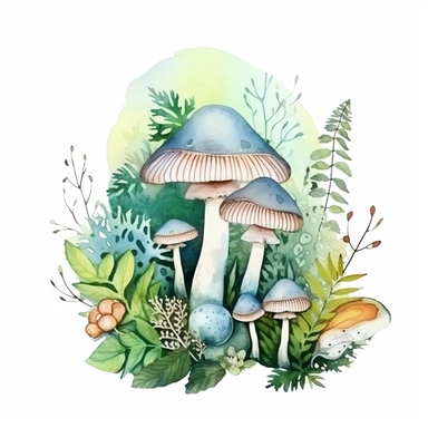 White and cyne magic mushrooms, morel mushroom, button mushrooms, watercolor illustration, plants and small flowers around and creating some background, green leaves and ferns, dreamy, clipart