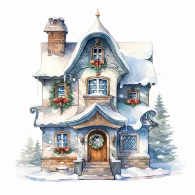 Watercolor, cute christmas santa house, magical, fantasy, clipart, white background detailed, 8k, high resolution, style of Sandi Mower, clean white background