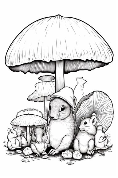 mushroom with a brown cap and a thick stem, with a family of squirrels playing nearby , clipart style of coloring book for children, super simple, thick, clear, lines, black and white, white background