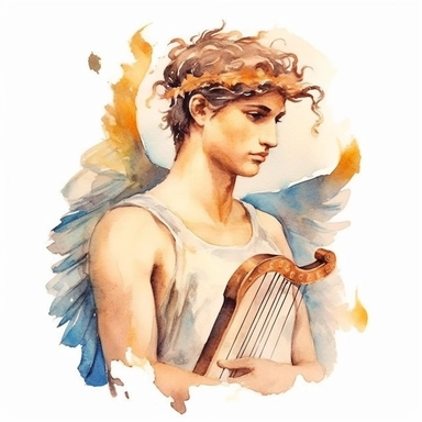 watercolor illustration with white background like a clipart of ancient greek God Apollo god of sun light and music , he holds an harp, Waterhouse style of painting,half body of a an insanely beautiful young man ,she is wearing pale royal chiton and on his head he has an ancient Macedonian crown with wings, highly detailed and realistic, Pre-Raphaelite features, insane quality, watercolour, vintage, on white background, beige pale colours on her ancient Greek royal draped chiton,ancientcore
