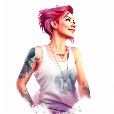 watercolor style, a beautiful girl with clearly visible tattoos, type of a creative person: graphic designer, freelancer, fashion designer, content manager or similar. Expressing freedom and self confidence. Modern and bold look. Realistic colors. Realistic picture. Fashionable bold clothes. Clipart, isolated on white background, 4K