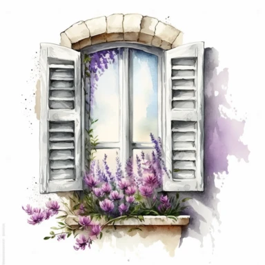 clipart watercolor, detailed, realistic, white background. Window with shutters with lavender flowers on the sill, ledge