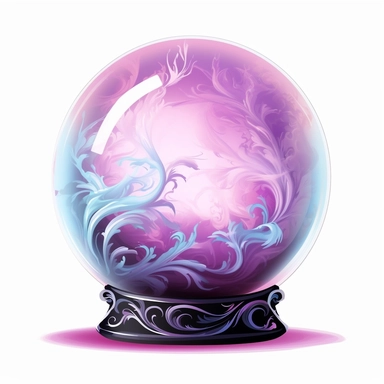 Create an enchanting clipart of a mystical crystal ball against a pristine white background. The crystal ball should have a soft, ethereal glow, held within an intricately carved pedestal. Depict swirling mists and vivid visions within the crystal ball's translucent depths.
