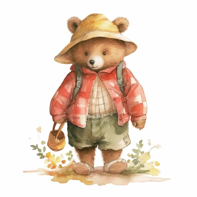 a Cute Happy Bear in clothing in the style of Watercolor Kate Greenaway Clipart, White Background