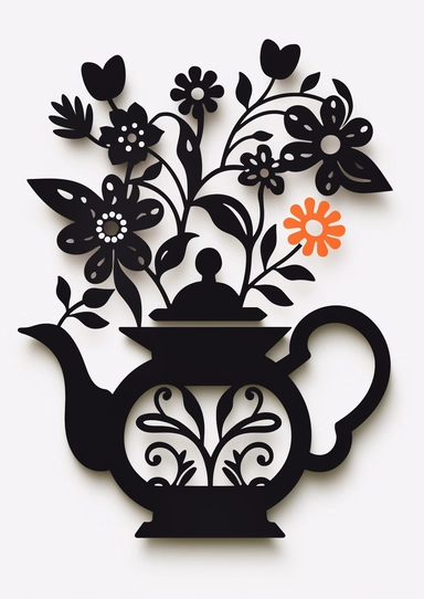 tea cup and saucer SVG Papercut Template teapot with flowers svg cut files, Silhouette, Clipart Vector, flat black lines on white backgroubd, Cricut, in style of foxsister
