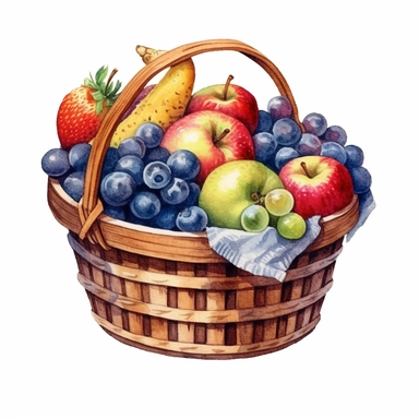 watercolor ultra realistic and hyper detailed illustration of country style basket with fruits, clipart, white background