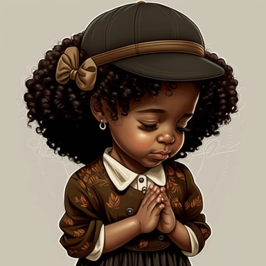 clipart style Afro Latina 7 years old, praying, happy praying hands, curly dark brown hair wearing a beret hat, closed eyes, short sleeve summer dress, dress over the knees.