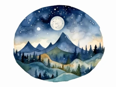 Simple mountain range with Whimsical rolling hills and mountains for a children's book, night scene, watercolor, clipart, white background,