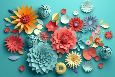 3d render, craft paper flowers, floral clip art set, botanical design elements, bright candy color, isolated on sky blue background vector art illustration