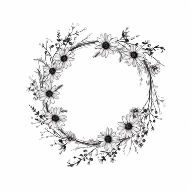 modern, minimalistic wildflowers connected to a stem, in the shape of one giant wreath with a huge opening in the middle, black and white, in the style of a high-quality hand-drawn, on a clean white background, wedding clipart