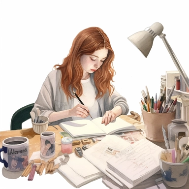 watercolor, hyper realistic, white background, white margins, 16k, ultra detailed clipart, cut out image, hand-drawn cartoon illustration of a girl at work, in the style of alena aenami, lucy grossmith, subtle pastel hues, briton rivière, optical, studyplace, knitted and crocheted