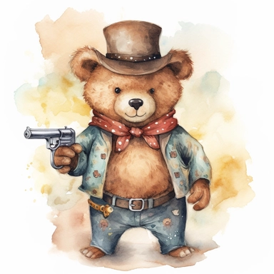 A cute watercolor clipart of a teddy bear dressed in Wild West cowboy attire, with a hat, boots, and a bandana around its neck. The bear has a confident stance and a revolver in its holster