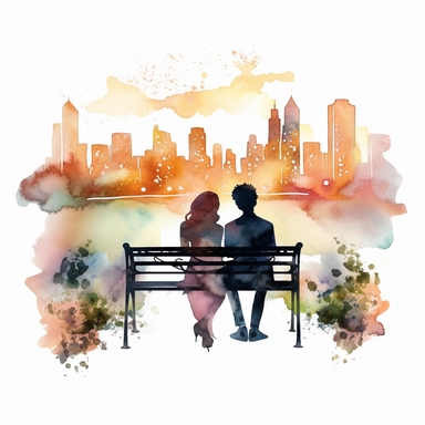 Create a watercolor clipart of a bride and groom sitting together on a park bench, with a city skyline in the distance. No Background