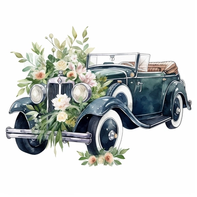 floral antique Mercedes Benz convertable car, watercolor Illustration, dark green tones, Sublimation graphics, Watercolor clipart, single design, print on demand image, by Beatrix Potter, PNG transparent background, white background, 8k