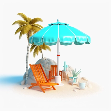 3d island paradise beach with beach chair and sunshade clipart in animation style, in solid white background, summer vacation, bright color, high resolution, 8K,