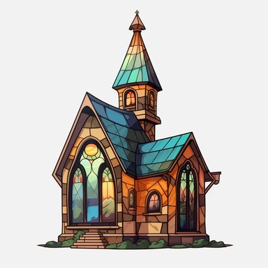 a little cartoon church, pixar, clipart, stained glass windows, cross on top, blank background, sharp lines, 8k