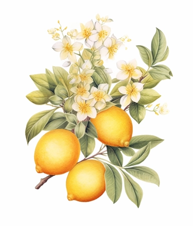 lemons and floral wreath watercolor clipart, in the style of light yellow and light purple, elaborate fruit arrangements, leica cl, charming sketches, hurufiyya, scrapbook, isolatedon white background