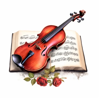 music book, small violin ,rose digital clipart on white background