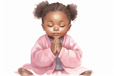 6 Watercolor happy cute beautiful brown skin african American baby girl praying wearing pink pajamas, clipart, isolated, white background, spaced out--q 2