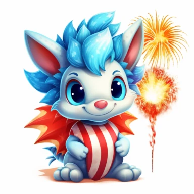 illustration of a cute baby dragon, celebrating 4th of july, fireworks in background, 4th of july, clipart svg, white background