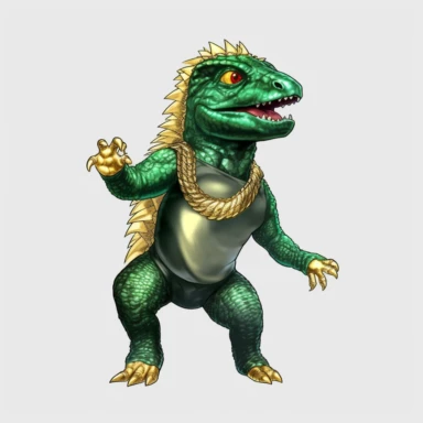 baby Godzilla, looks like Michael Jackson, doing dance steps, wearing a miami heat basketball jersey, wearing a gold pendant with a gold bitcoin on it, wearing hip hop style black satin pants and a green iridescent silk shirt, techno lighting, clipart on plain background