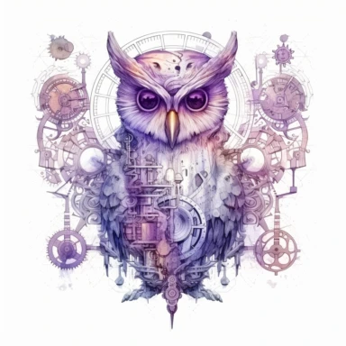 witch owl , in the style of mystic mechanisms ,pencil art illustrations, Isolated white background, reimagined by industrial light and magic, lith printing, illusory images, watercolor clipart, very subtle purple tones, , ,