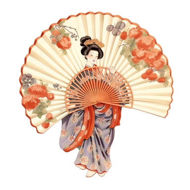 one japanese fan clipart on a white background, in the style of nostalgic paintings, delicate shading, colorized, use of paper, heatwave, traditional poses, feminine affluence, no watermark, text, 300 DPI , typography, shapes do not stick together, no text in the picture, on a white background