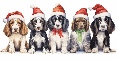 Cute springer spaniel puppies in a line, dressed in cute christmas outfits, playful, vivid colors, white background, ornamental watercolor clipart, I can't believe how beautiful this is