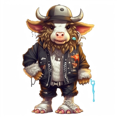 highly detailed clipart of a furry baby long haired breed cow calf like person standing up wearing a baseball cap and dressed in 2000's style hip hop rapper fashion and sneakers and jewelry. child like looking furry long haired breed of cow. Nelly the rapper style.