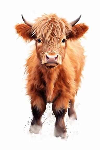 detailed watercolor illustration of a cute highland calf, clipart, plain isolated white background, 8k ultra detail high sharpness