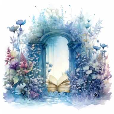 fantasy scene coming out of an open book, secret garden, florals, magical, watercolors, Clipart, pastel blue color theme