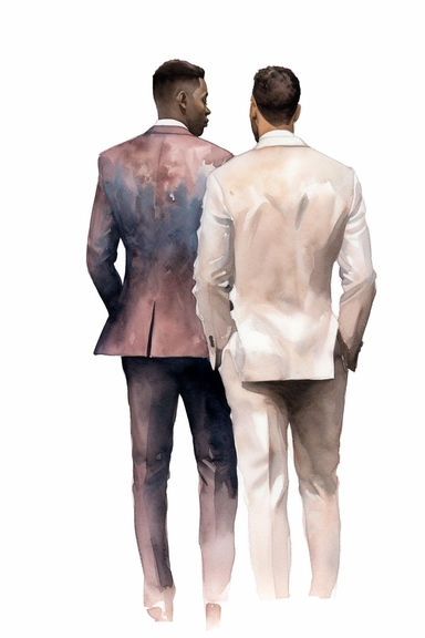 watercolor portrait illustration of dark-skinned groom with dark-skinned best man clipart, view of the back, zoomed in close view, in style of Michiel van Huysum, subtle faded color variations, hyper-detailed hd watercolor clipart, on white background, spaced out