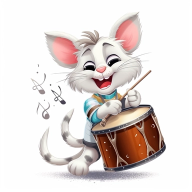 cartoon clipart design in disney style, drummer cat, white background