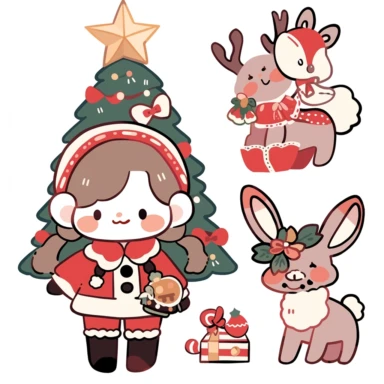 kahles xmas stickers vector collection | ornament vectors clipart stickers, in the style of kawaii manga, simplified line work, animal figurines, lacquer painting, plush doll art, intersecting lines, multi-layered figures, 8k