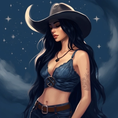 Beautiful cowgirl with long dark blue hair holding her hat, half moon behind her, dark sky with star background, illustration, procreate digital paiting, fanart, cartoonist, western dress blue, blue corset, clipart